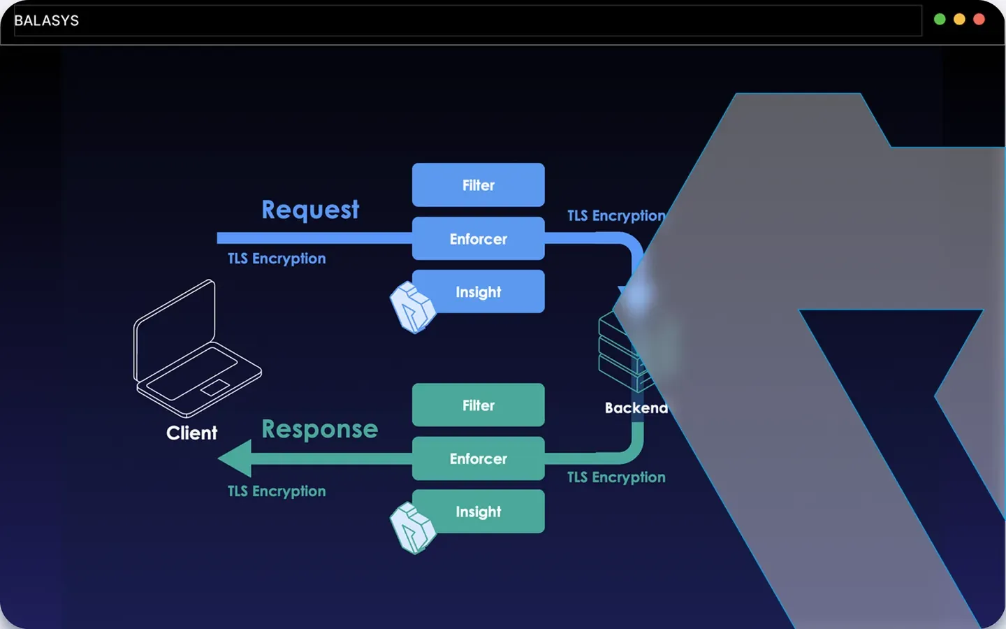 A Proxedo API Security flow diagram: client requests and responses passing through Filter, Enforcer and Insight stages with TLS encryption on both sides of the backend