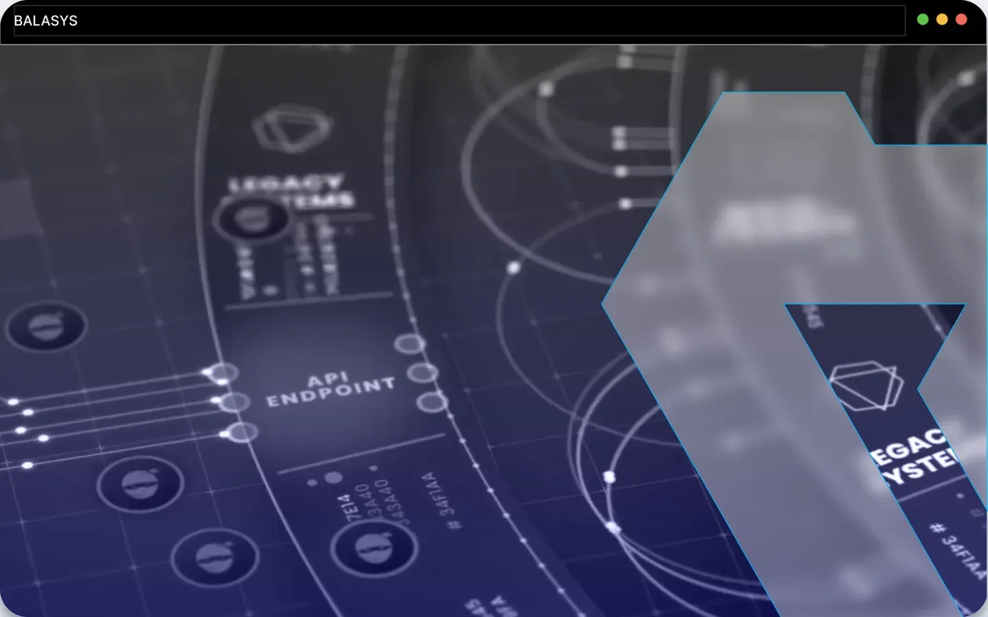 Abstract blueprint artwork captioned “Legacy systems” and “API endpoint”