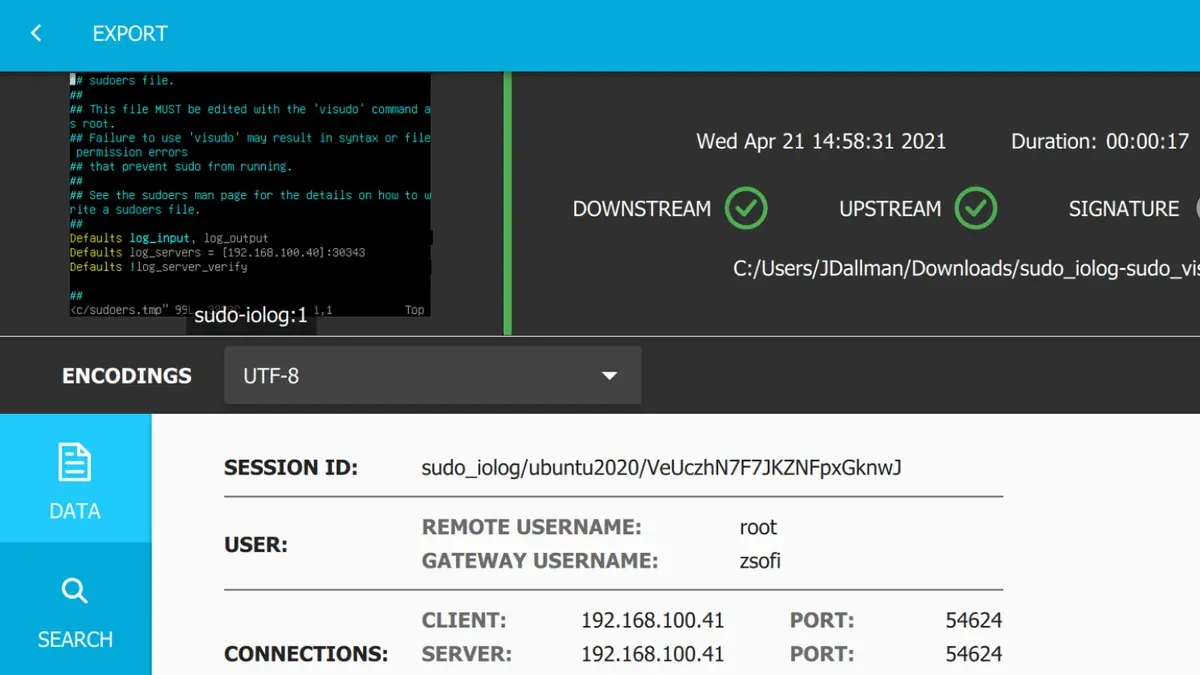 Session audit player showing a recorded terminal session with its metadata